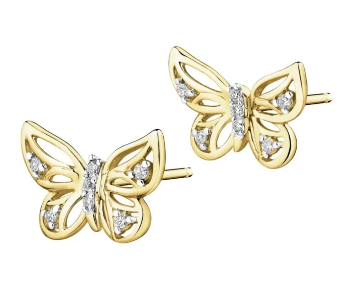 Kolczyki z żółtego złota z diamentami - motyle - 0,05 ct - próba 375