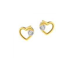 Kolczyki z żółtego złota z diamentami - serca - 0,01 ct - próba 375