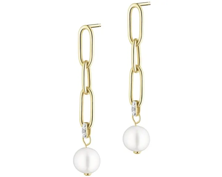 Kolczyki z żółtego złota z diamentami i perłami - próba 375