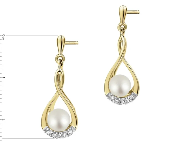 Kolczyki z żółtego złota z diamentami i perłami - próba 585