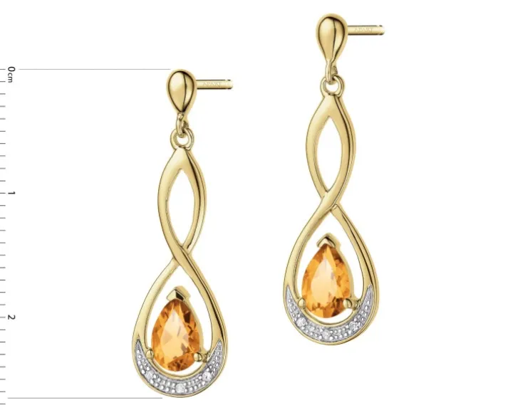 Kolczyki z żółtego złota z diamentami i cytrynami - próba 375