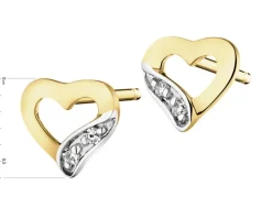 Kolczyki z żółtego złota z diamentami - serca - 0,008 ct - próba 375