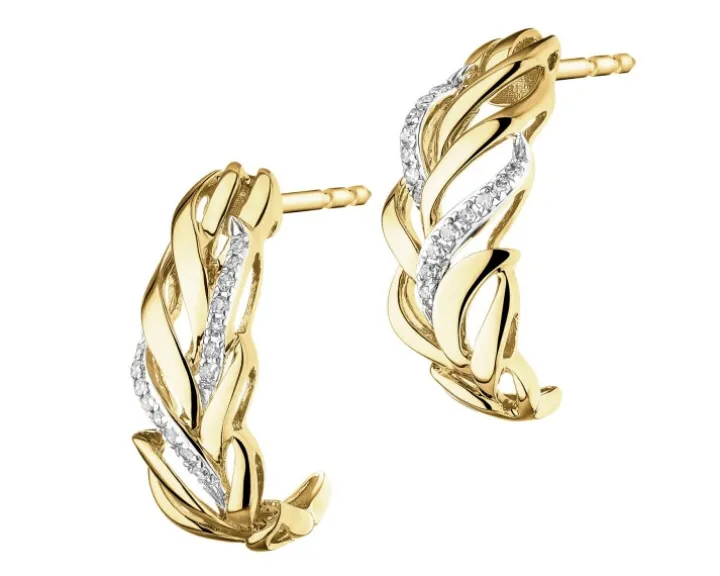 Kolczyki z żółtego złota z diamentami - piórka - 0,07 ct - próba 585