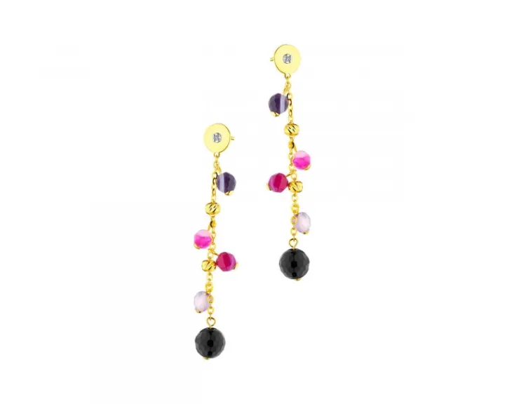 Kolczyki z żółtego złota z diamentami i agatami - próba 375