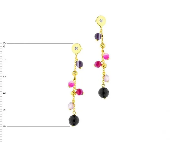 Kolczyki z żółtego złota z diamentami i agatami - próba 375