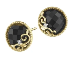 Kolczyki z żółtego złota z diamentami i onyksami - próba 585