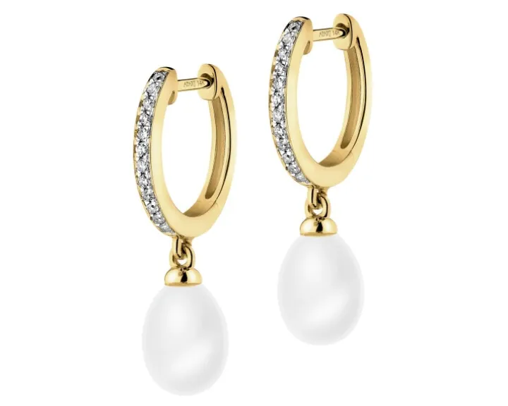 Kolczyki z żółtego złota z diamentami i perłami - próba 585