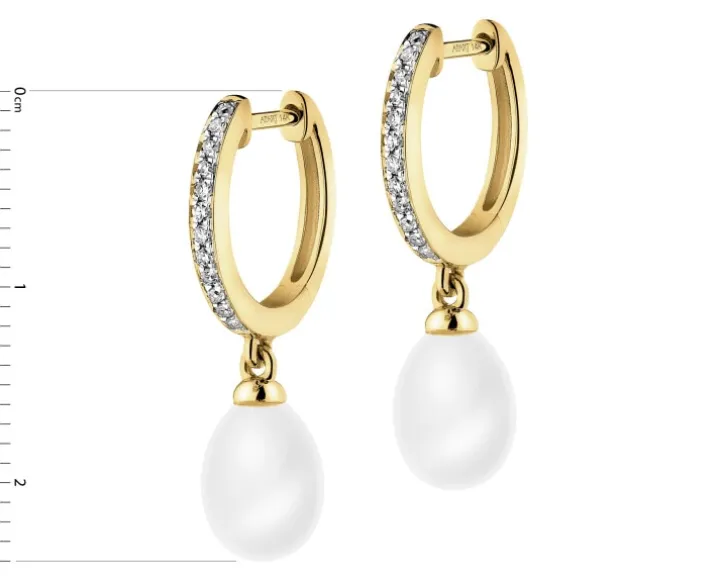 Kolczyki z żółtego złota z diamentami i perłami - próba 585