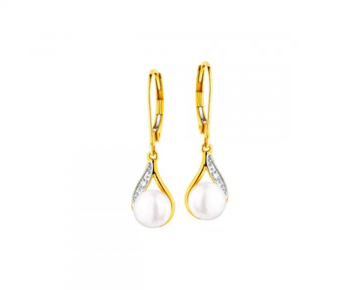 Kolczyki z żółtego złota z diamentami i perłami - próba 375