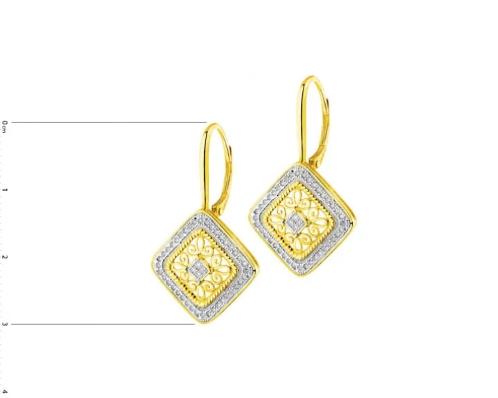 Kolczyki z żółtego złota z diamentami - kwiaty - 0,01 ct - próba 375