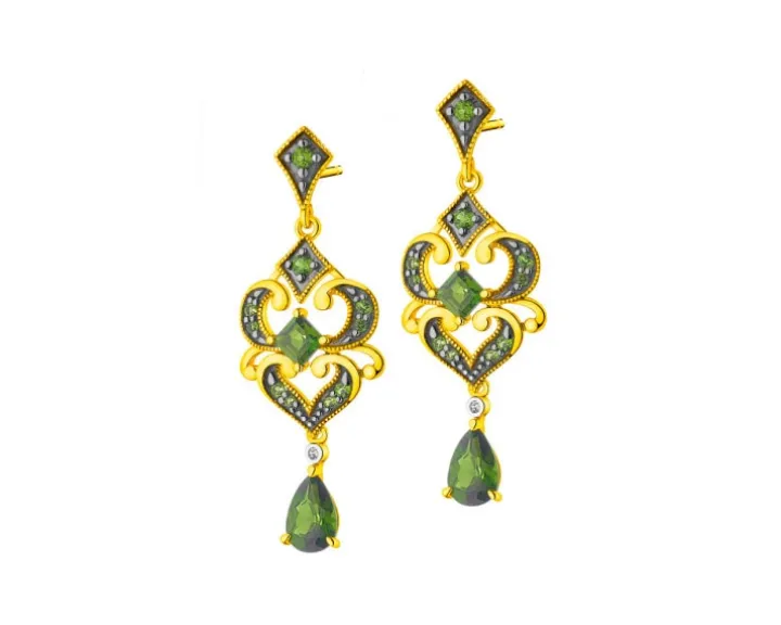 Kolczyki z żółtego złota z diamentami i diopsydami - próba 585