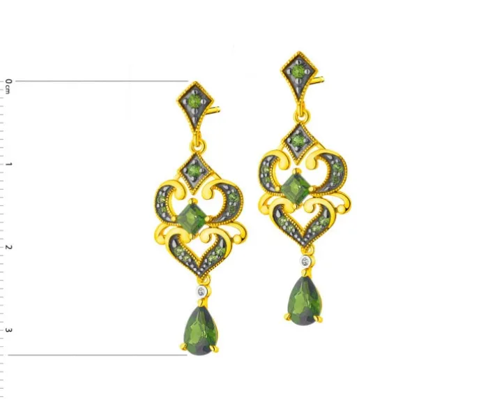 Kolczyki z żółtego złota z diamentami i diopsydami - próba 585