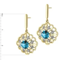 Kolczyki z żółtego złota z diamentami i topazami London Blue - próba 585