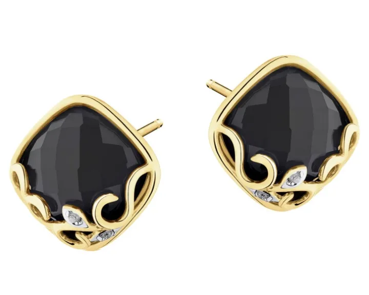 Kolczyki z żółtego złota z diamentami i onyksami - próba 585