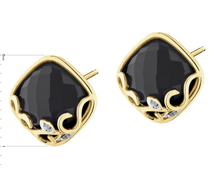 Kolczyki z żółtego złota z diamentami i onyksami - próba 585
