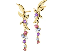 Kolczyki z żółtego złota z diamentami, kamieniami szlachetnymi i ozdobnymi - liście - próba 375