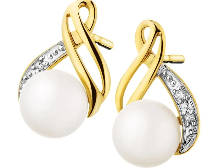 Kolczyki z żółtego złota z diamentami i perłami - próba 585