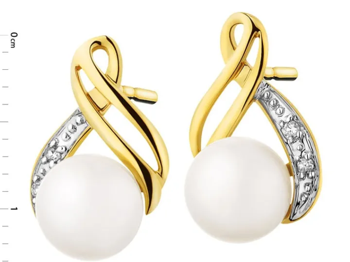 Kolczyki z żółtego złota z diamentami i perłami - próba 585
