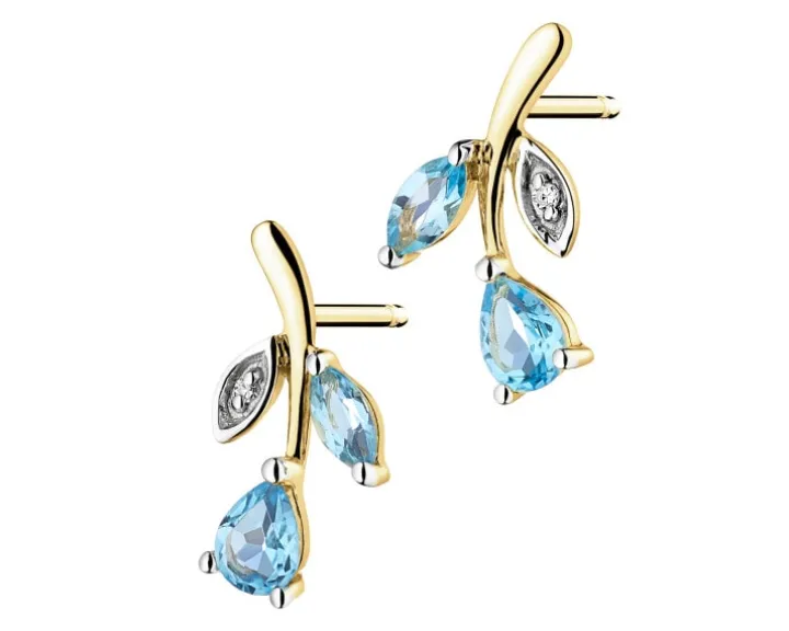 Kolczyki z żółtego złota z diamentami i topazami - liście - próba 375