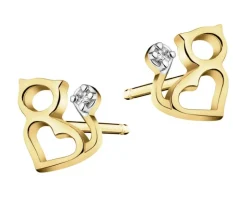 Kolczyki z żółtego złota z diamentami - koty, serca - 0,01 ct - próba 375