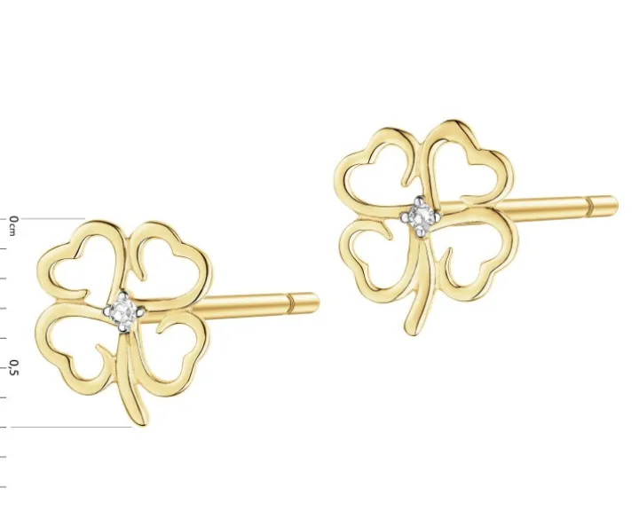 Kolczyki z żółtego złota z diamentami - koniczyny - 0,008 ct - próba 375