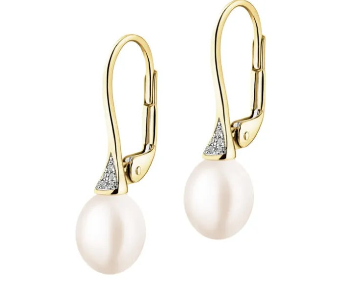 Kolczyki z żółtego złota z diamentami i perłami - próba 375