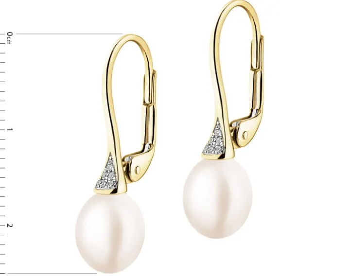 Kolczyki z żółtego złota z diamentami i perłami - próba 375
