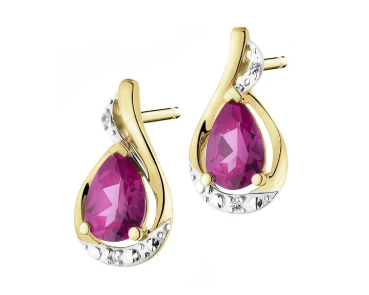 Kolczyki z żółtego złota z diamentami i rubinami syntetycznymi - próba 375