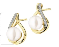 Kolczyki z żółtego złota z diamentami i perłami - próba 585