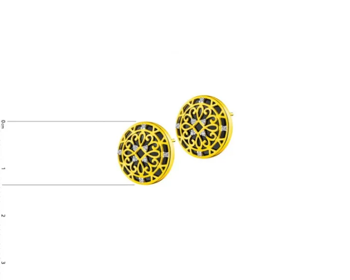 Kolczyki z żółtego złota z diamentami i onyksami - rozety - próba 585