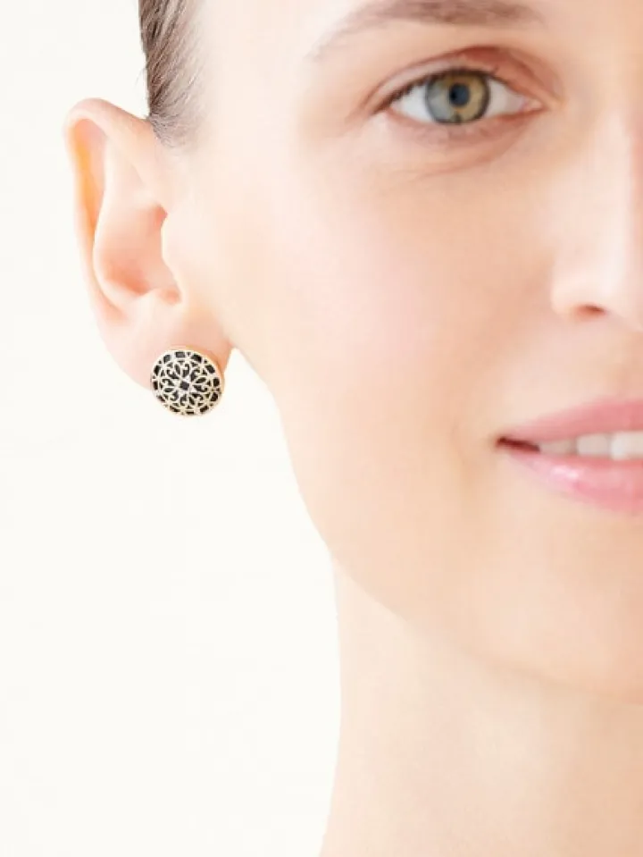 Kolczyki z żółtego złota z diamentami i onyksami - rozety - próba 585