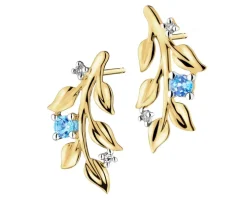 Kolczyki z żółtego złota z diamentami i topazami - liście - próba 375