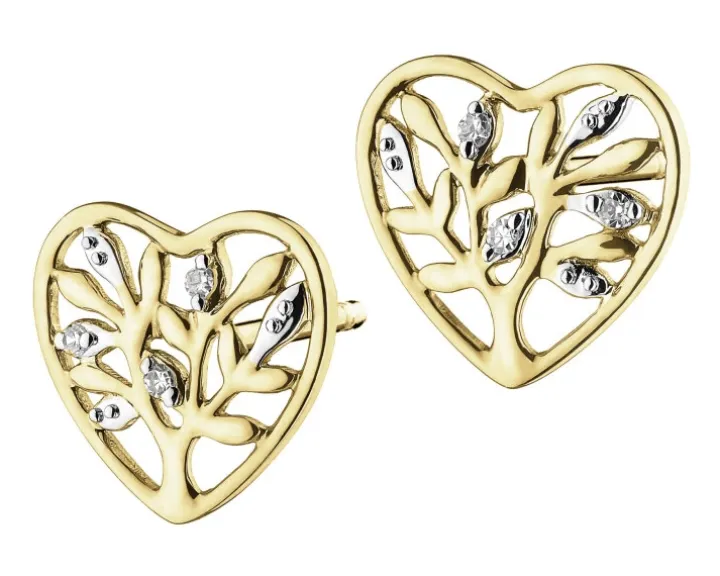 Kolczyki z żółtego złota z diamentami - serca, drzewka - 0,01 ct - próba 585
