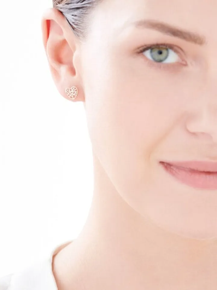 Kolczyki z żółtego złota z diamentami - serca, drzewka - 0,01 ct - próba 585