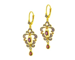 Kolczyki z żółtego złota z diamentami i rodolitami - próba 585