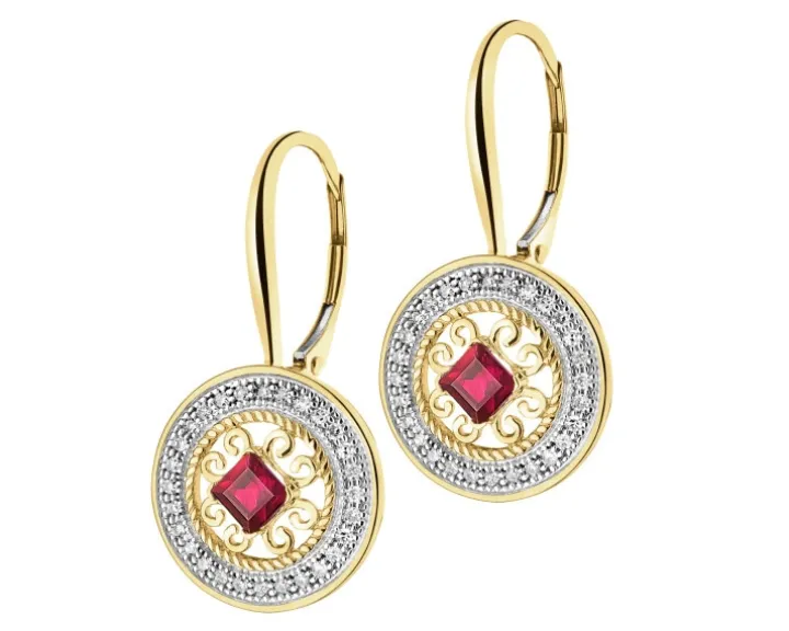Kolczyki z żółtego złota z diamentami i rubinami - rozety - próba 585