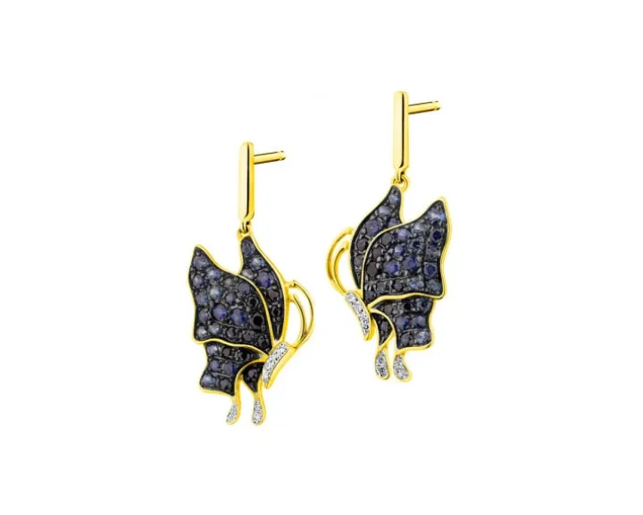 Kolczyki z żółtego złota z diamentami i szafirami - motyle - próba 585