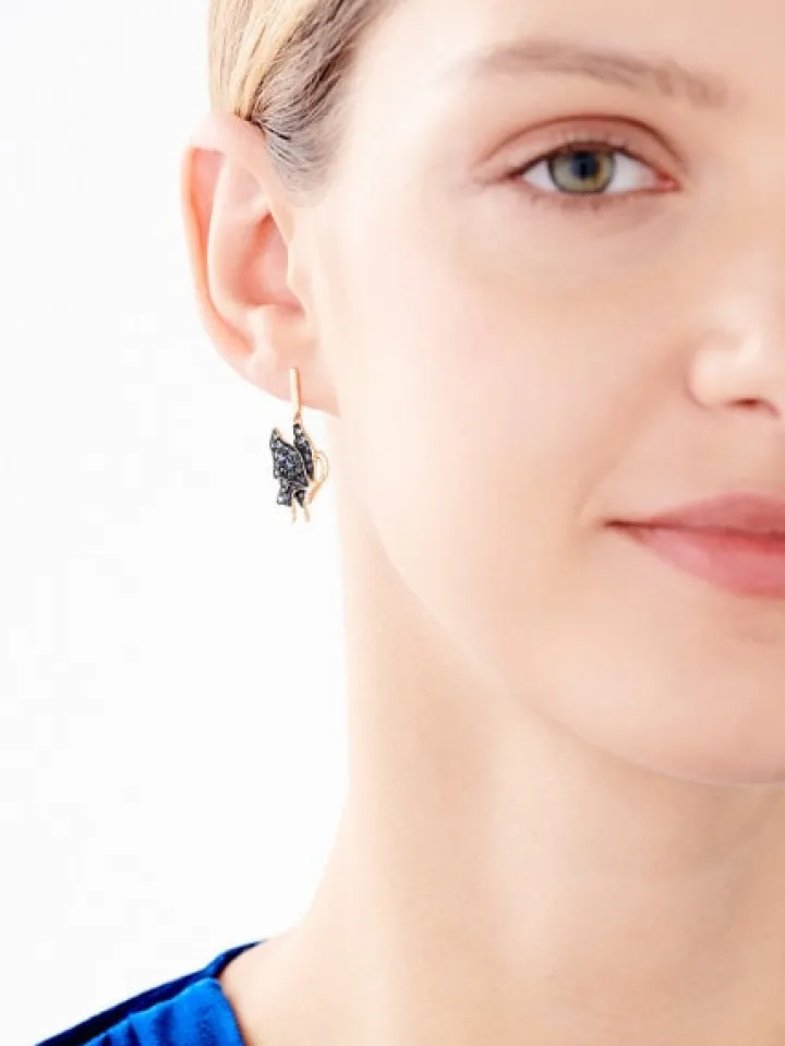 Kolczyki z żółtego złota z diamentami i szafirami - motyle - próba 585