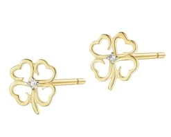 Kolczyki z żółtego złota z diamentami - koniczyny - 0,007 ct - próba 585