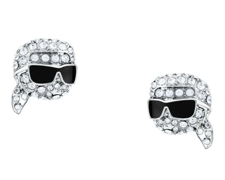 Kolczyki ze stali szlachetnej z cyrkoniami i emalią - główka Karl Lagerfeld