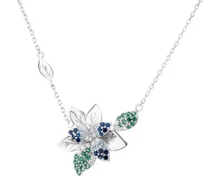Naszyjnik srebrny z cyrkoniami - liście, kwiat