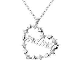 Naszyjnik srebrny z cyrkoniami - mama, serce