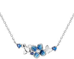 Naszyjnik srebrny  z cyrkoniami i emalią - kwiaty, motyl, ptak