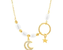 Naszyjnik srebrny z perłami i cyrkoniami - Księżyc, gwiazda