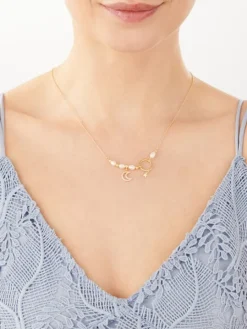 Naszyjnik srebrny z perłami i cyrkoniami - Księżyc, gwiazda