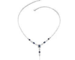 Naszyjnik z białego złota z brylantami i szafirami - próba 585