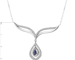 Naszyjnik z białego złota z diamentami i szafirem - próba 585