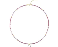 Naszyjnik z diamentami, ametystami, turmalinami, kryształami górskimi i elementami żółtego złota - koło - próba 585