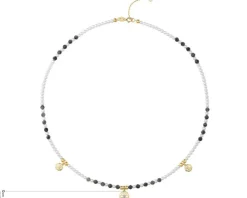 Naszyjnik z diamentem, perłami, labradorytami i elementami żółtego złota - kwiaty - próba 585