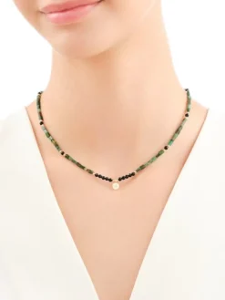 Naszyjnik z  diamentem,  zoisytami, agatami i elementami żółtego złota - koło - próba 375